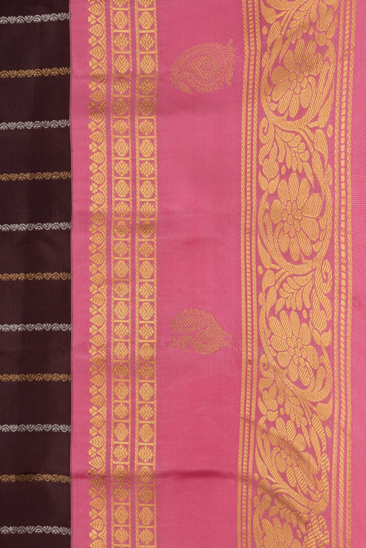 Border image of Brown Dual Tone Gadwal Silk Saree with Stripes on the body and Zari Border. 