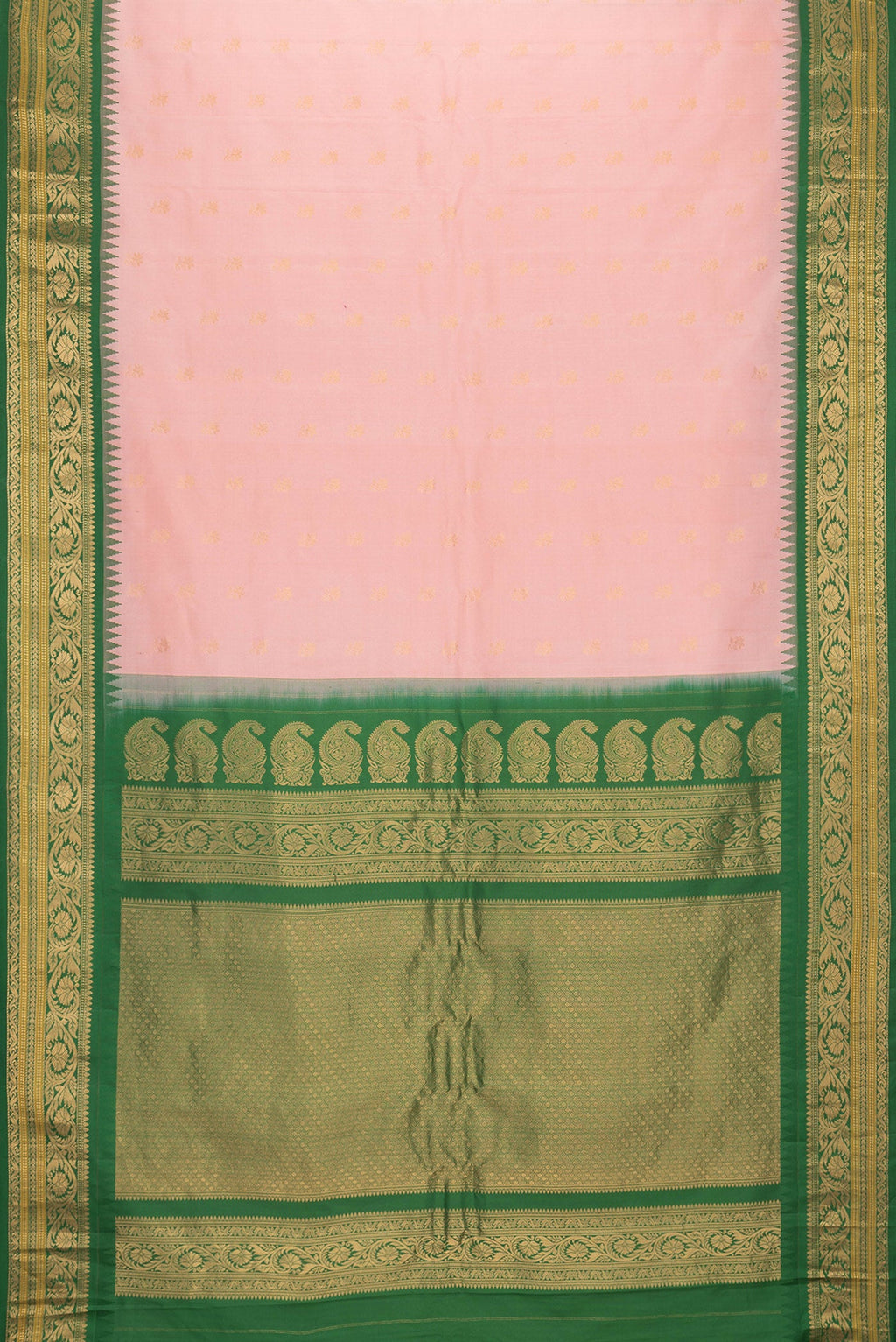Flat view of Pink Dual Tone Gadwal Silk Saree with Plain Body and Zari Border. 