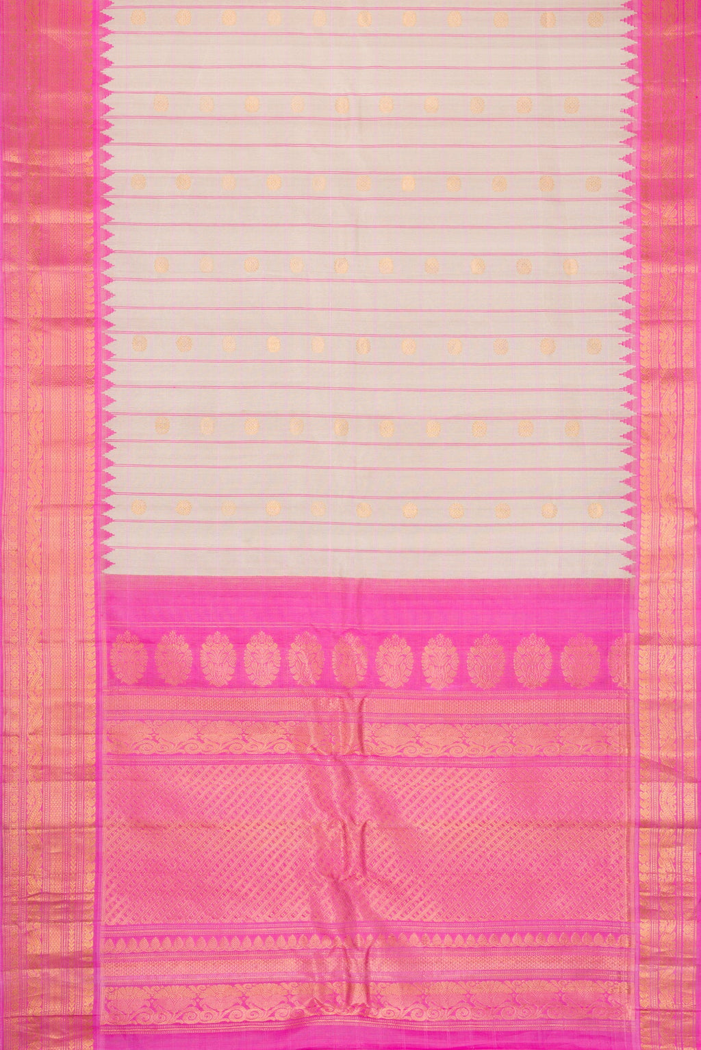 Flat view of Beige Dual Tone Gadwal Silk Saree with Checked design on the body and Zari Border. 