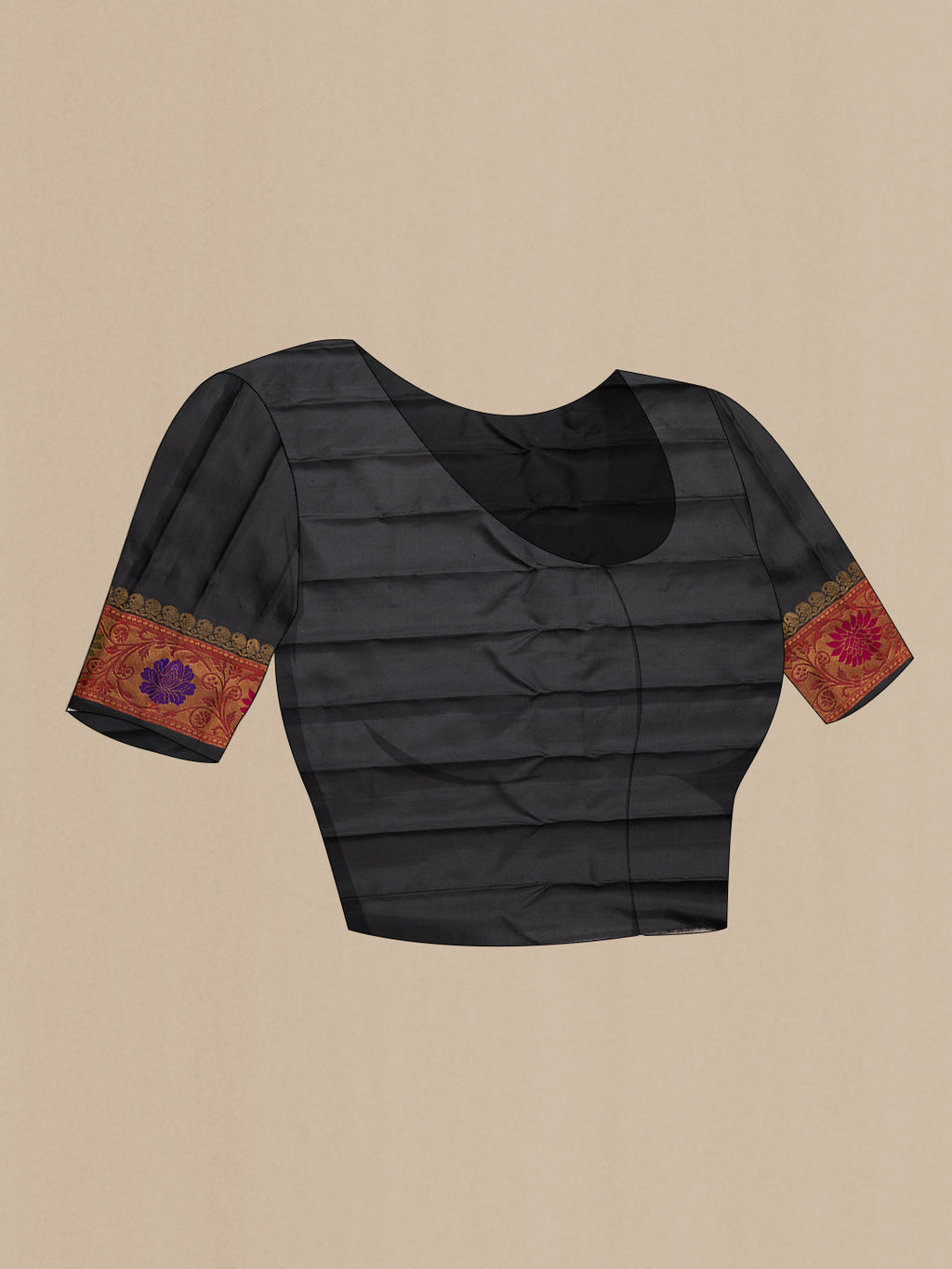 Close up image of the blouse of Black Dual Tone Gadwal Silk Saree with Zari And Thread Butta on the body and Zari Border. 