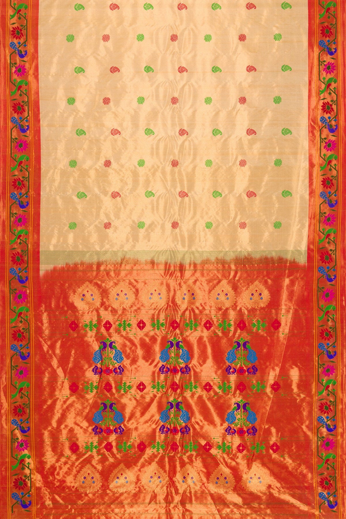 Flat view of Gold Dual Tone Gadwal Silk Saree with Zari And Thread Butta on the body and Zari And Thread Border. 