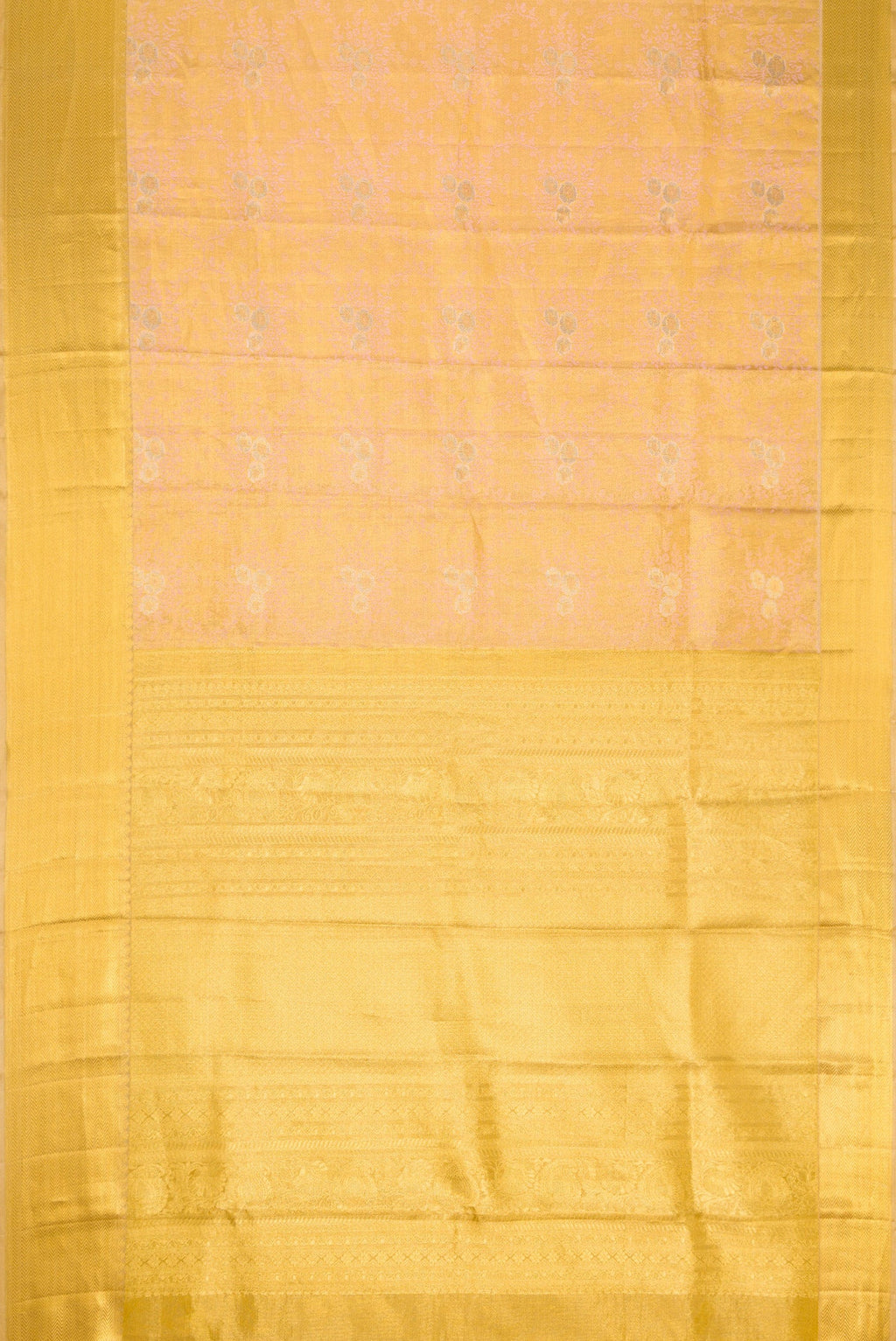 Flat view of Pink Dual Tone Kanjivaram Tissue Silk Saree with Zari Brocade on the body and Zari Border. 