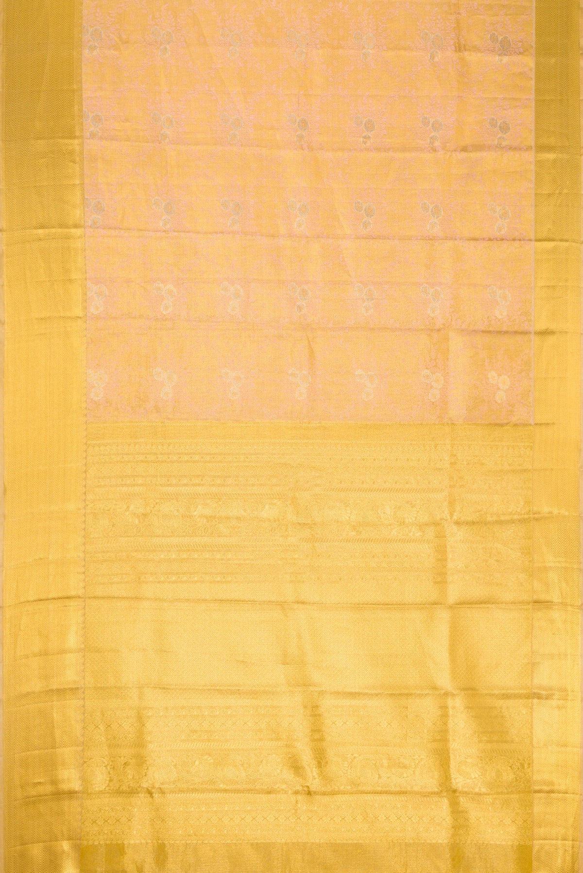 Flat view of Pink Dual Tone Kanjivaram Tissue Silk Saree with Zari Brocade on the body and Zari Border. 