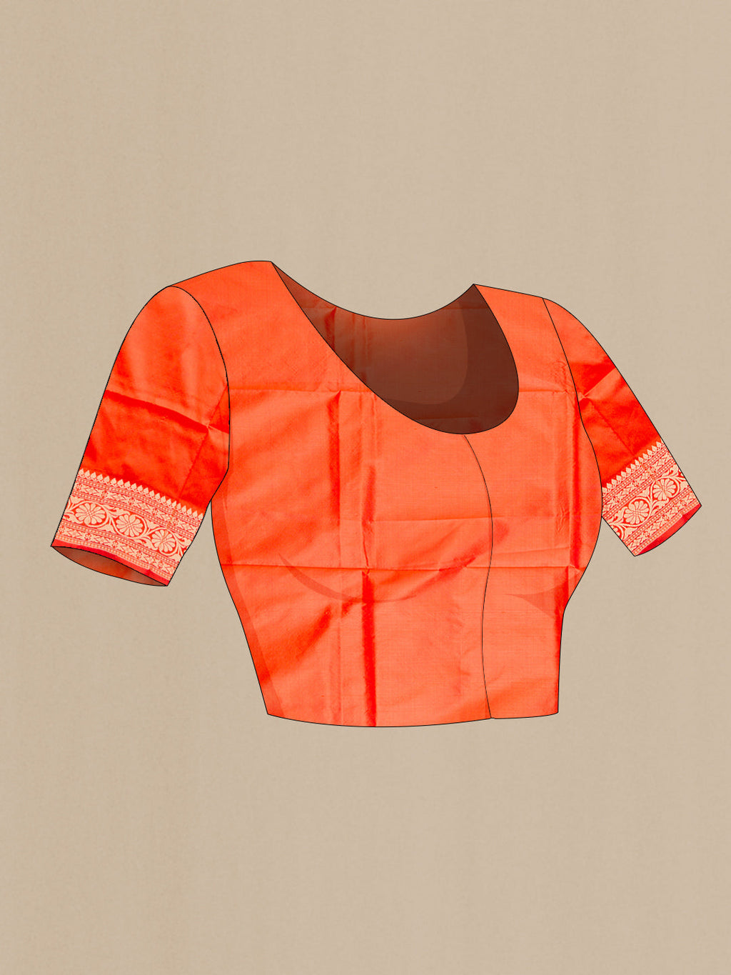 Close up image of the blouse of Orange Dual Tone Banarasi Silk Saree with Thread Butta on the body and Thread Border. 