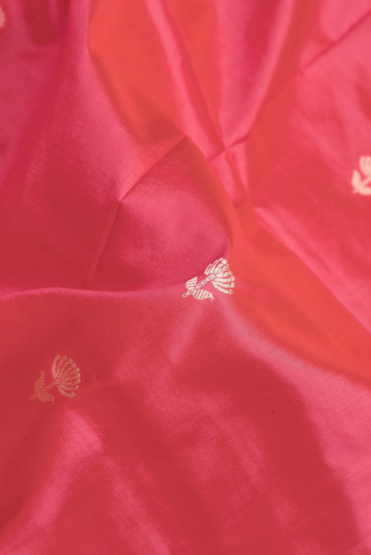 Close up of Pink Dual Tone Banarasi Silk Saree with Thread Butta on the body and Thread Border.  displaying folds