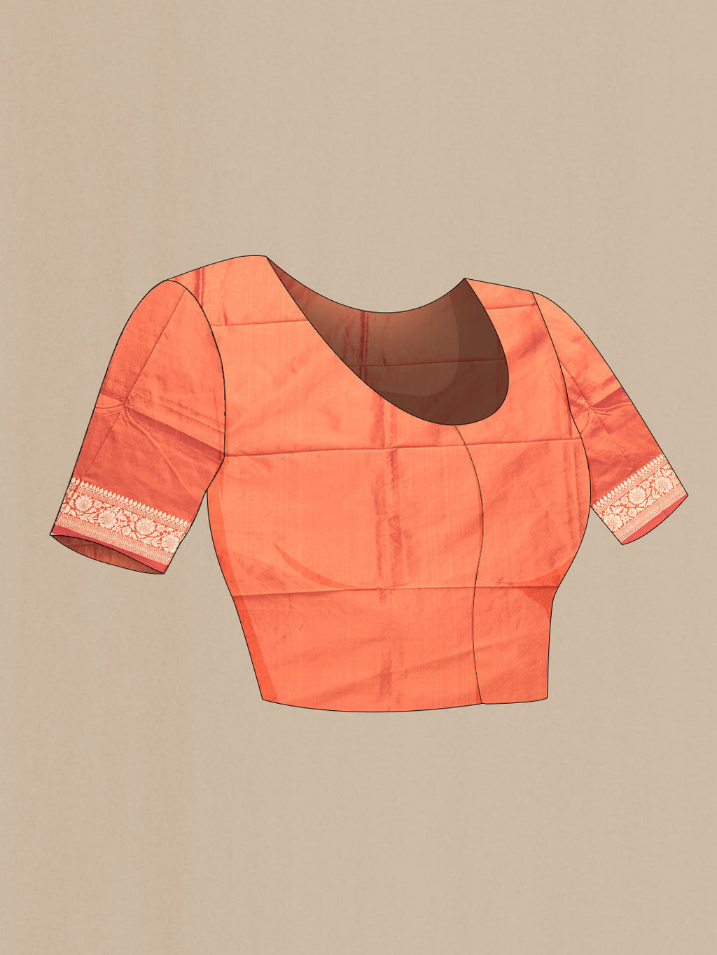 Close up image of the blouse of Orange Dual Tone Banarasi Silk Saree with Thread Butta on the body and Thread Border. 