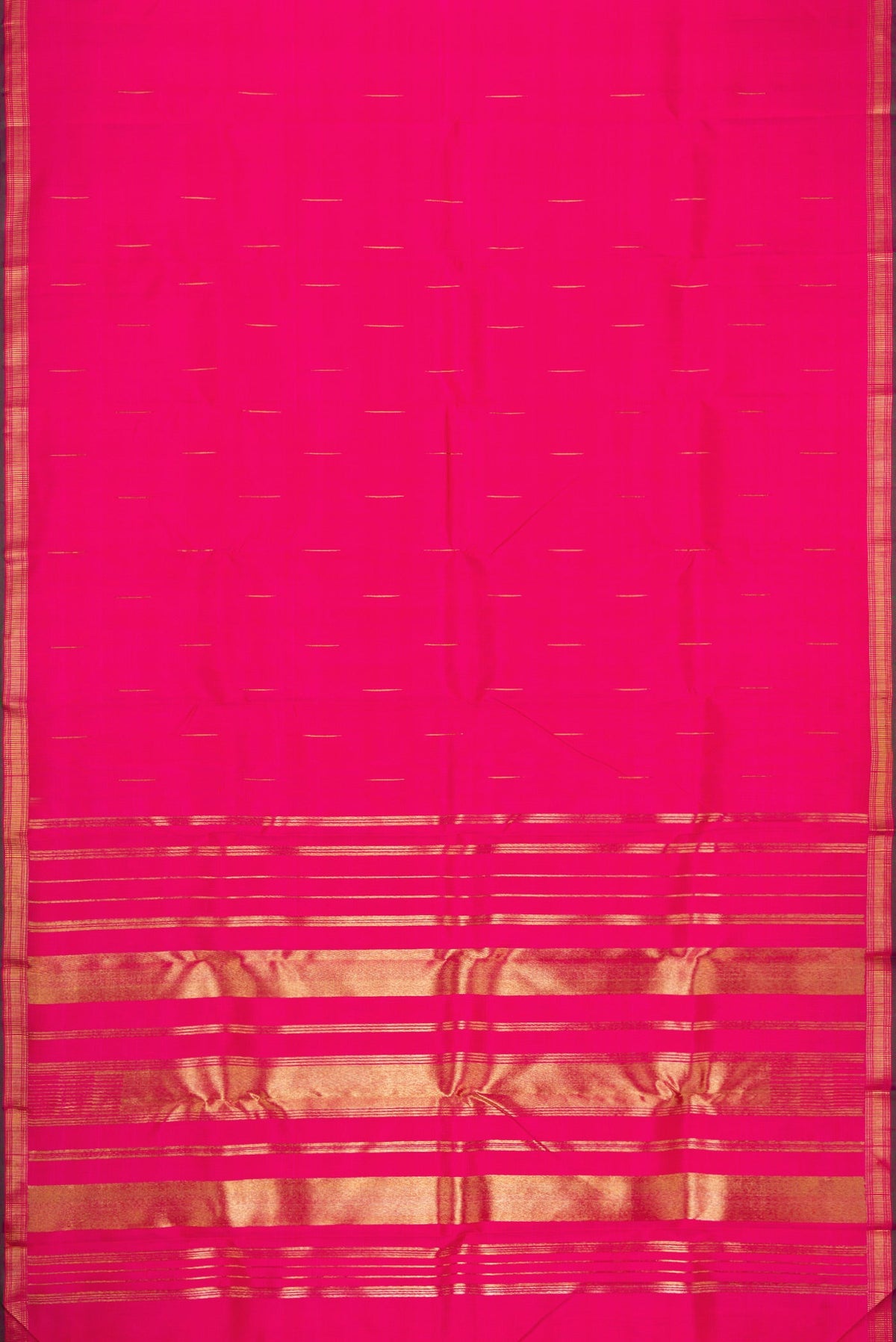 Flat view of Pure Silk Pure Zari Pink Dual Tone Kanchipuram Saree with Zari Butta on the body and Zari Border. 