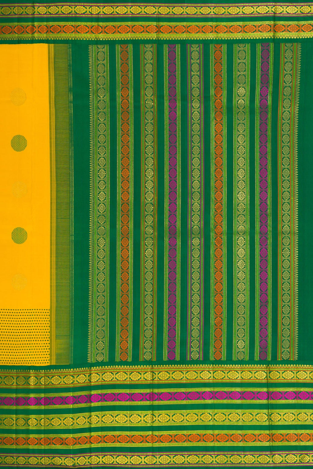 Close up image of the pallu of Pure Silk Pure Zari Yellow Dual Tone Kanchipuram Saree with Zari And Thread Butta on the body and Fancy Border. 