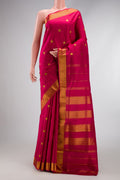 Pure Silk Pure Zari Maroon Dual Tone Kanjivaram Nine Yards Saree with Zari Butta on the body and Zari Border.  displayed on a mannequin