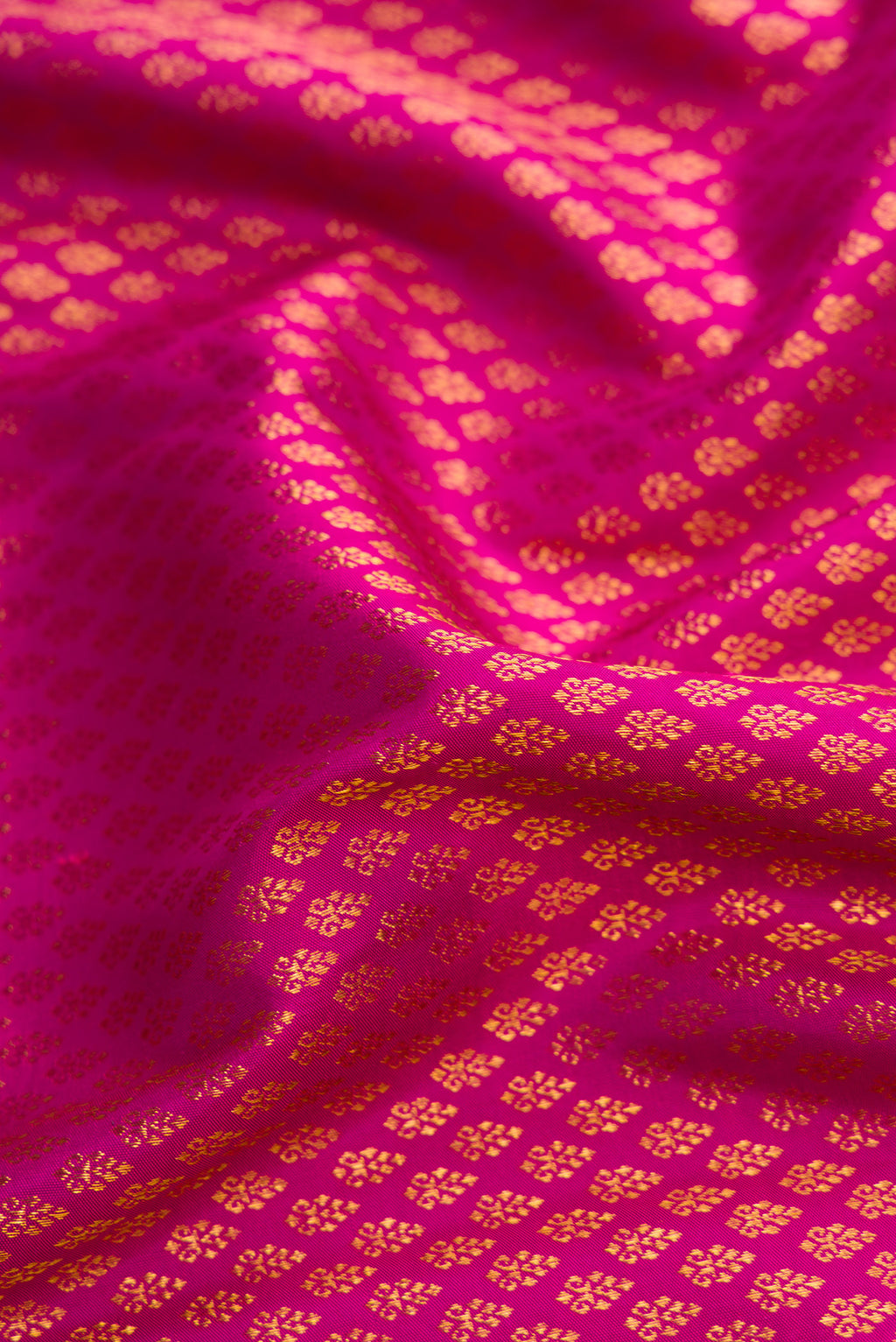 Close up of Magenta Kanjivaram Silk Saree with Zari Brocade on the body and Zari Border.  displaying folds