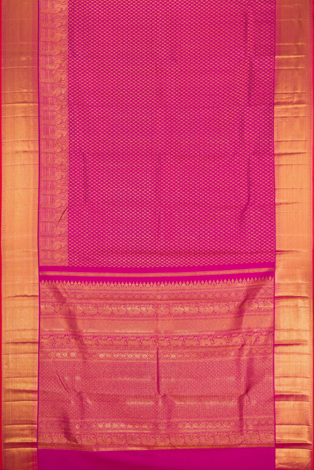 Flat view of Magenta Kanjivaram Silk Saree with Zari Brocade on the body and Zari Border. 