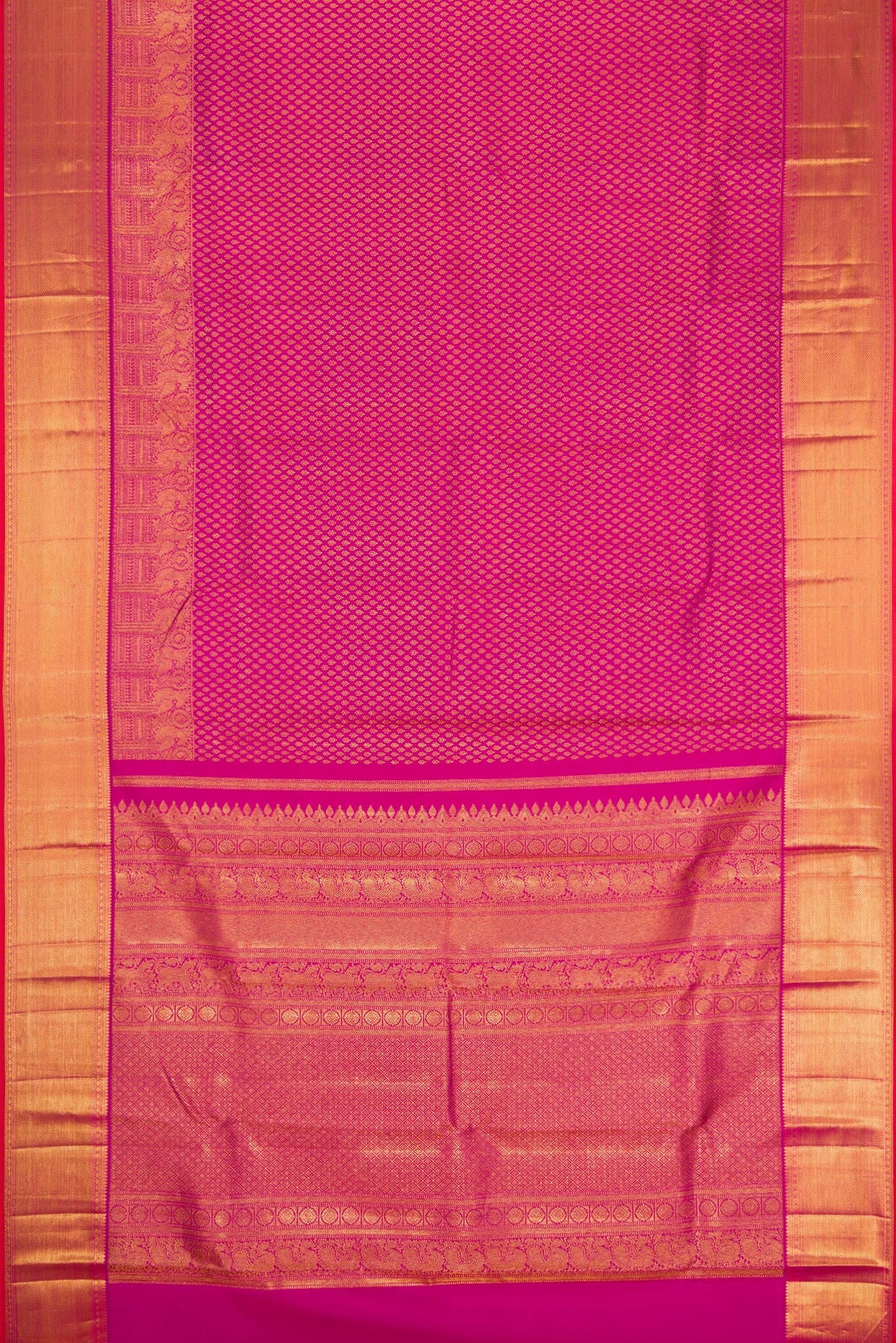 Flat view of Magenta Kanjivaram Silk Saree with Zari Brocade on the body and Zari Border. 
