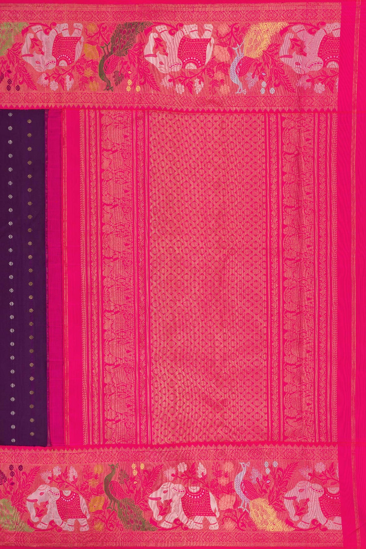 Close up image of the pallu of Pure Silk Pure Zari Navy Blue Dual Tone Kanjivaram Saree with Zari Butta on the body and Fancy Border. 