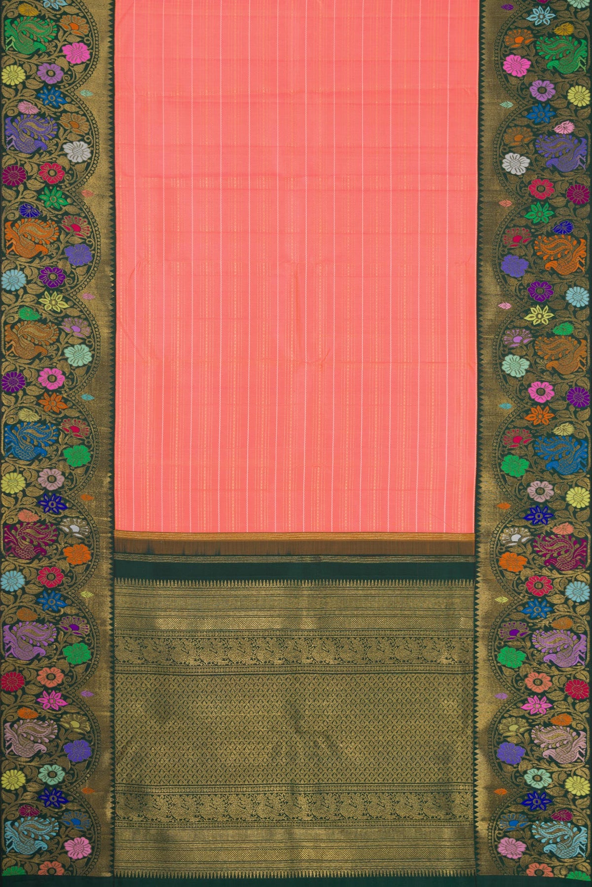 Flat view of Pure Silk Pure Zari Pink Dual Tone Kanjivaram Saree with Stripes on the body and Fancy Border. 