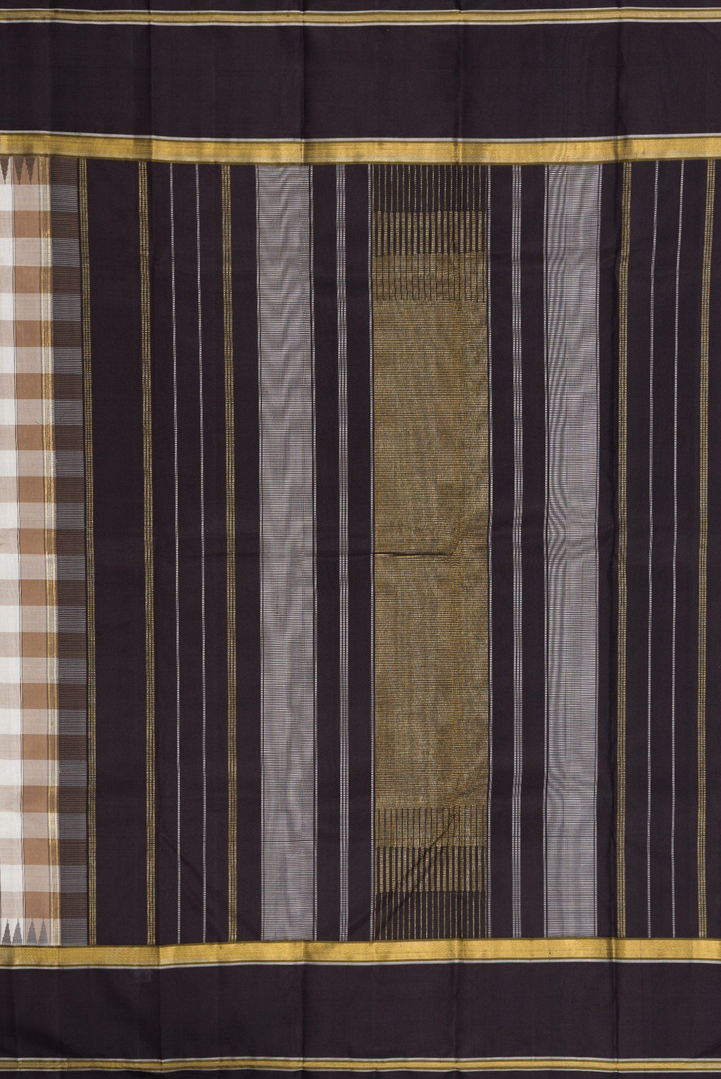 Close up image of the pallu of Pure Silk Pure Zari Beige and Off White Color Kanchipuram Saree with Checked design on the body and Zari Border. 