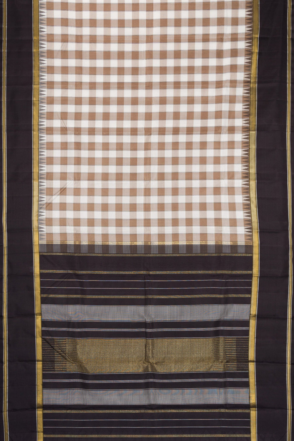 Flat view of Pure Silk Pure Zari Beige and Off White Color Kanchipuram Saree with Checked design on the body and Zari Border. 