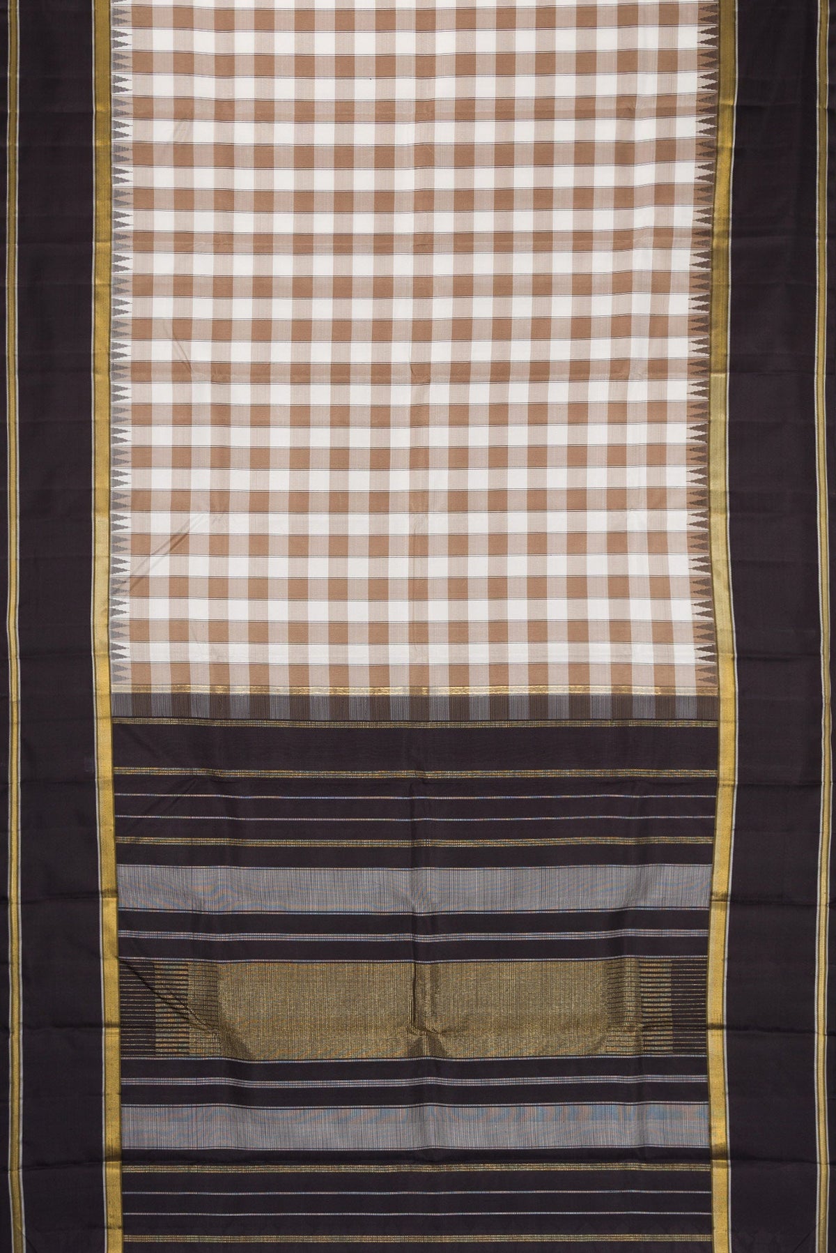 Flat view of Pure Silk Pure Zari Beige and Off White Color Kanchipuram Saree with Checked design on the body and Zari Border. 