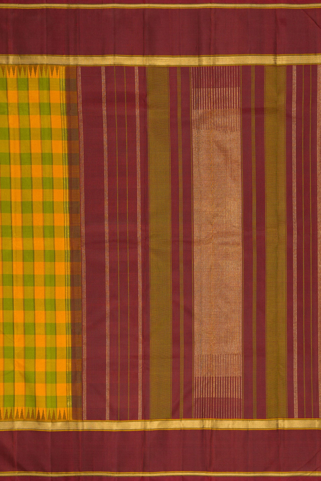 Close up image of the pallu of Pure Silk Pure Zari Green and Yellow Color Kanchipuram Saree with Checked design on the body and Temple Border. 
