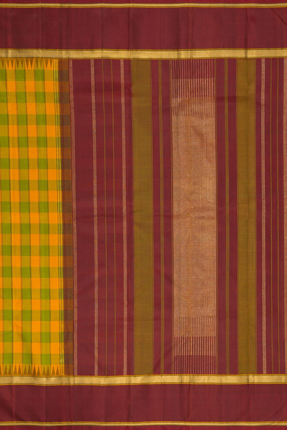 Close up image of the pallu of Pure Silk Pure Zari Green and Yellow Color Kanchipuram Saree with Checked design on the body and Temple Border. 