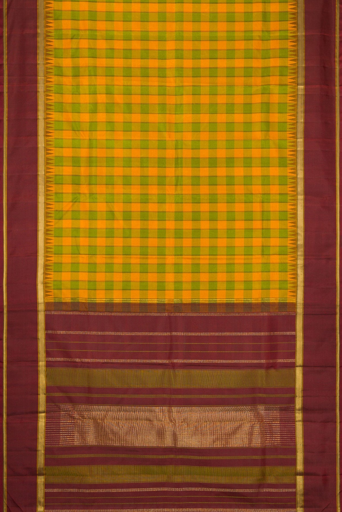 Flat view of Pure Silk Pure Zari Green and Yellow Color Kanchipuram Saree with Checked design on the body and Temple Border. 