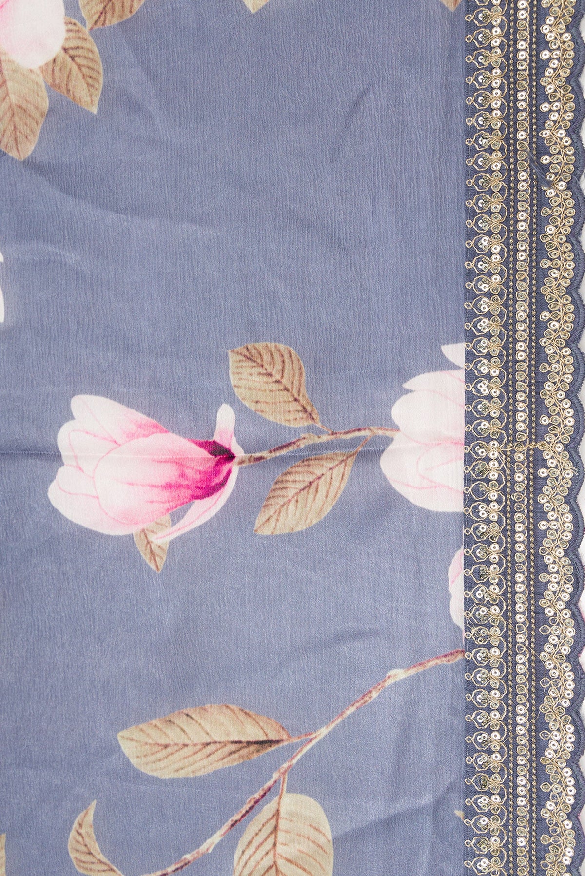 Border image of Grey Dual Tone Organza Silk Saree with Printed design on the body and Embroidery Border. 