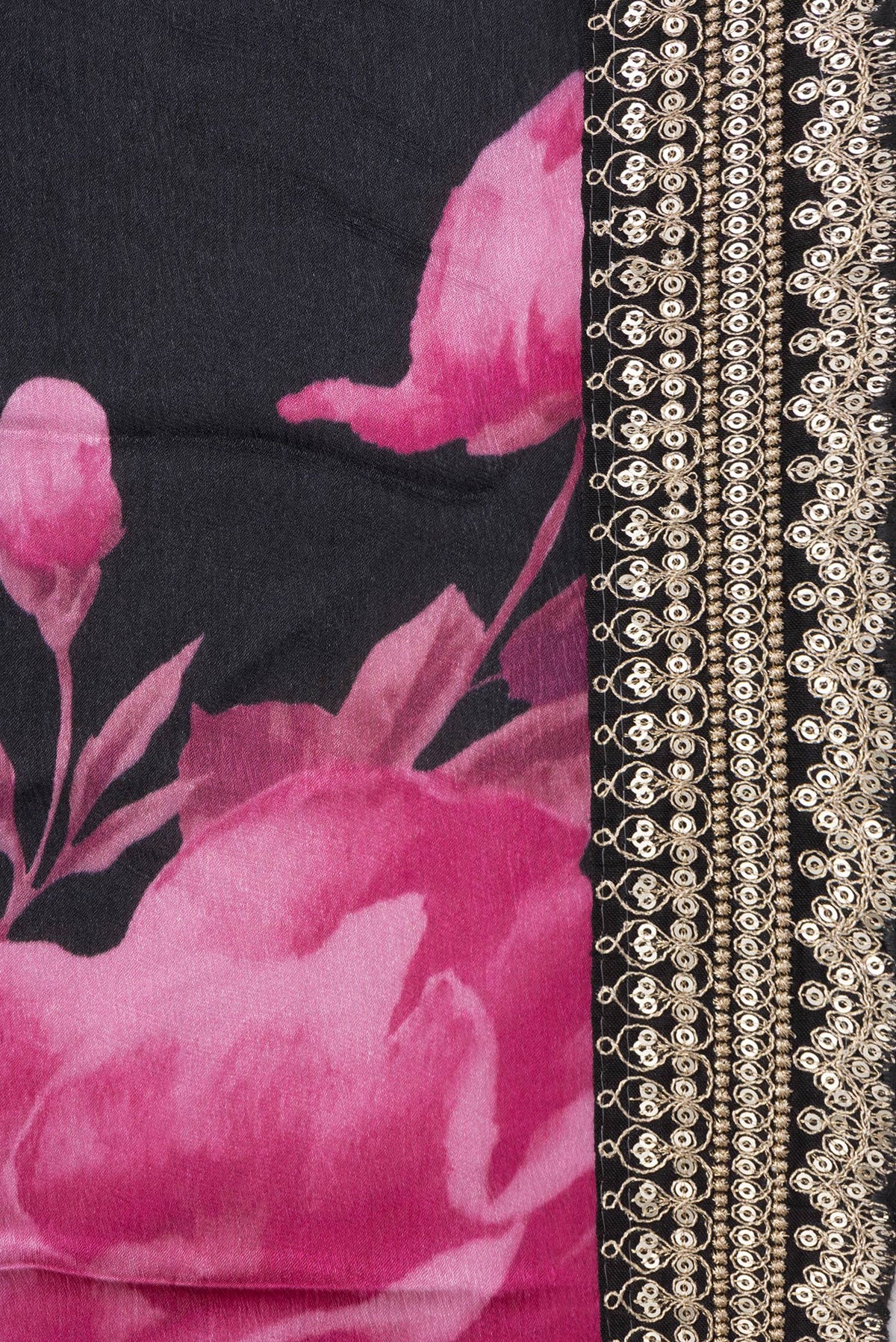 Border image of Black Dual Tone Mysore Crepe Saree with Printed design on the body and Embroidery Border. 