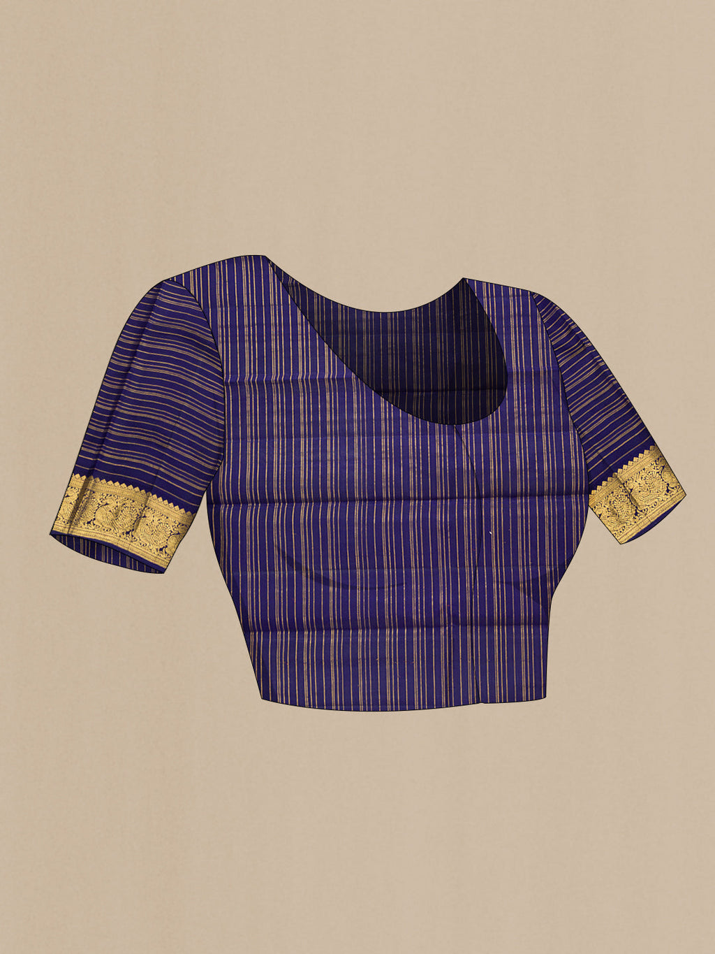 Close up image of the blouse of Lavender Kanchipuram Silk Saree with Stripes on the body and Zari Border. 
