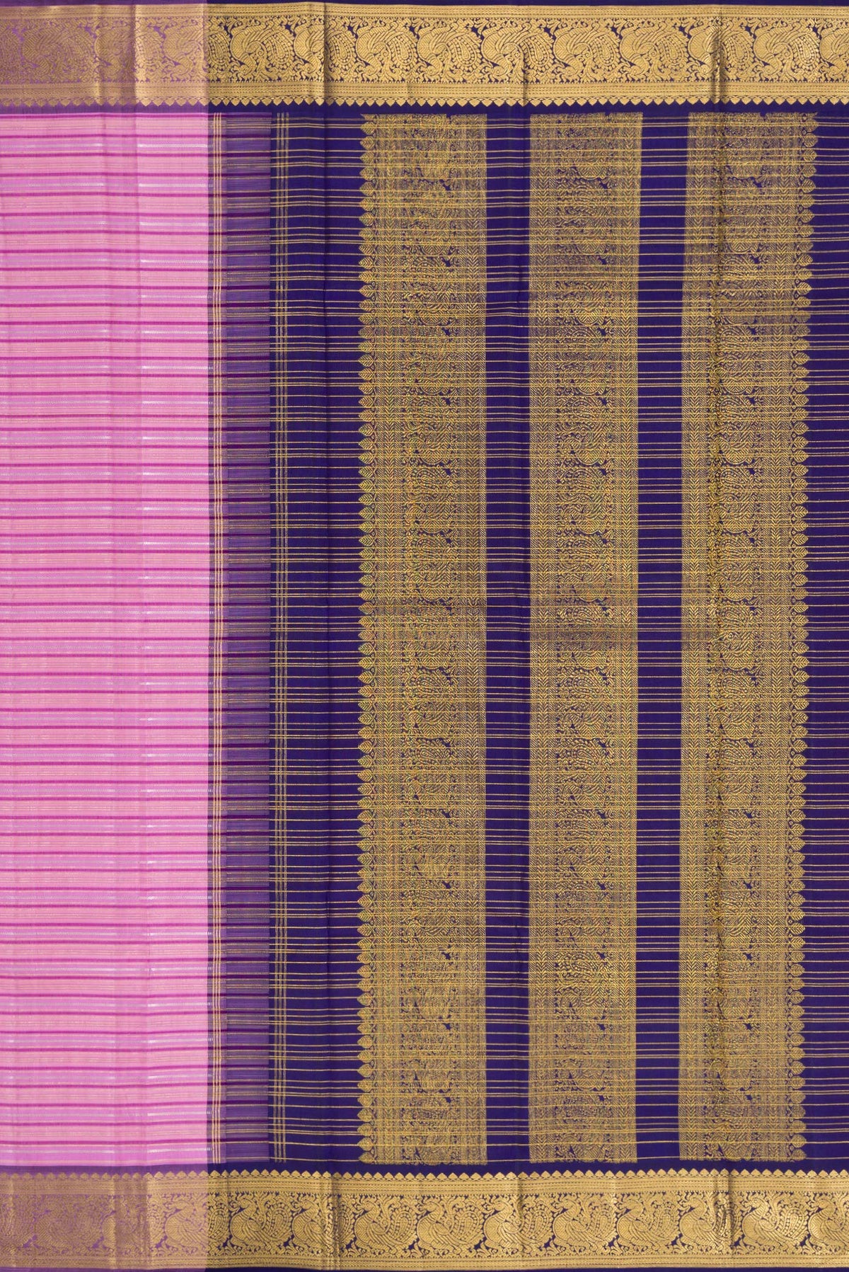 Close up image of the pallu of Lavender Kanchipuram Silk Saree with Stripes on the body and Zari Border. 