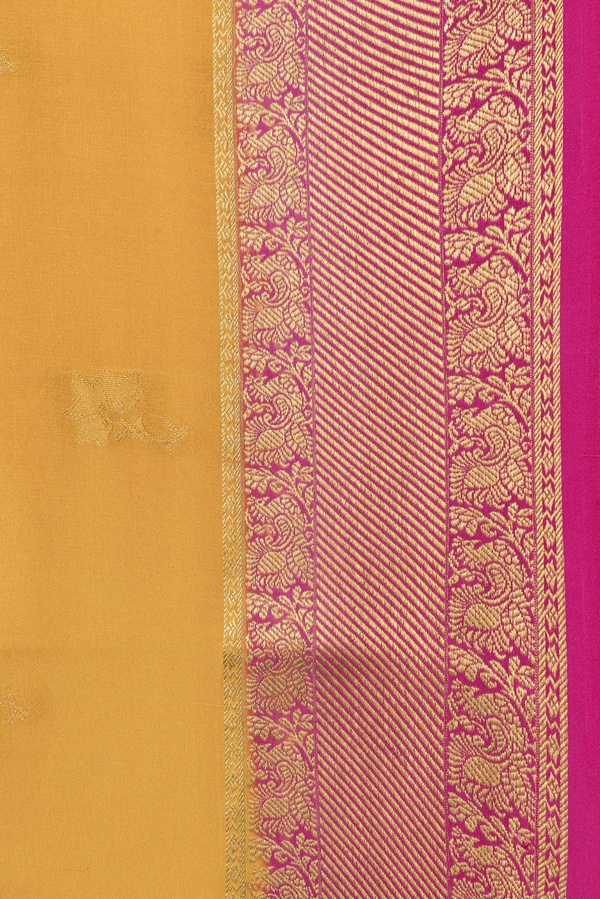 Border image of Mustard Dual Tone Mysore Silk Saree with Zari Butta on the body and Zari Border. 