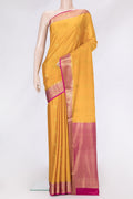 Mustard Dual Tone Mysore Silk Saree with Zari Butta on the body and Zari Border.  displayed on a mannequin