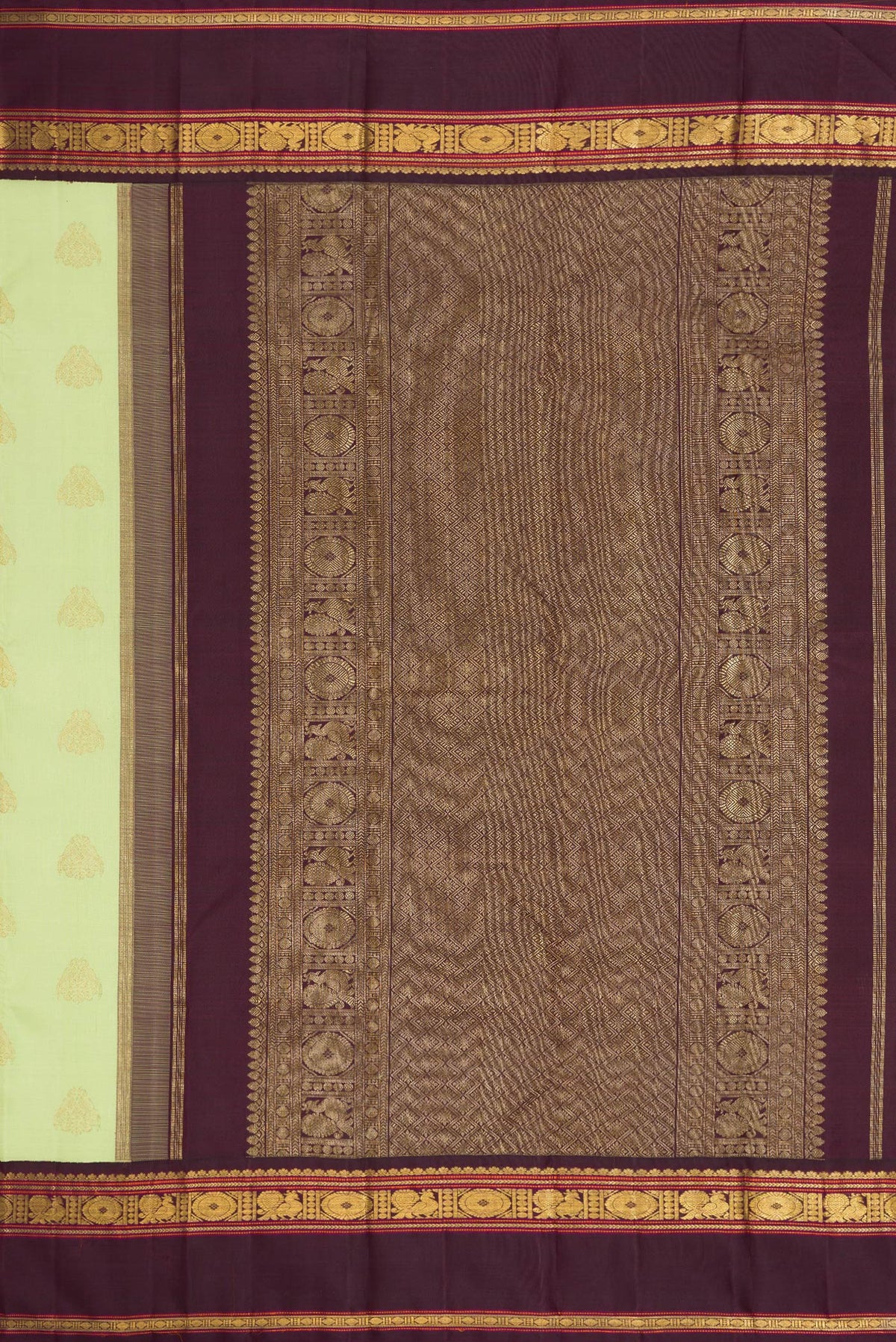 Close up image of the pallu of Pure Silk Pure Zari Parrot Green Dual Tone Kanjivaram Saree with Zari Butta on the body and Zari Border. 