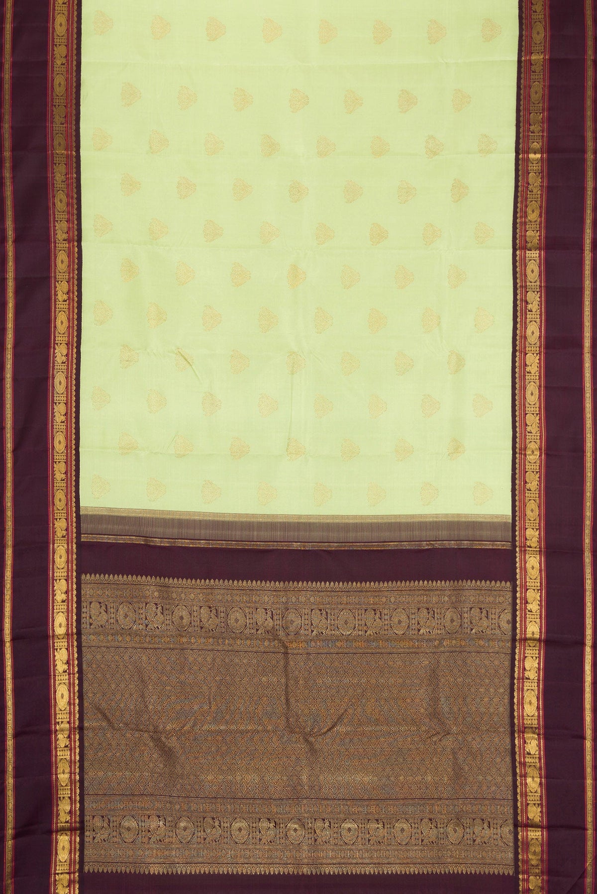 Flat view of Pure Silk Pure Zari Parrot Green Dual Tone Kanjivaram Saree with Zari Butta on the body and Zari Border. 