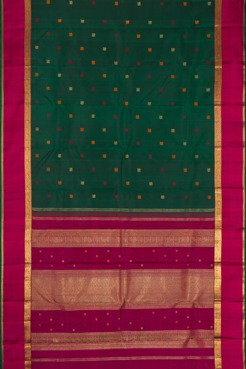 Flat view of Pure Silk Pure Zari Bottle Green Dual Tone Kanchipuram Saree with Zari And Thread Butta on the body and Zari Border. 