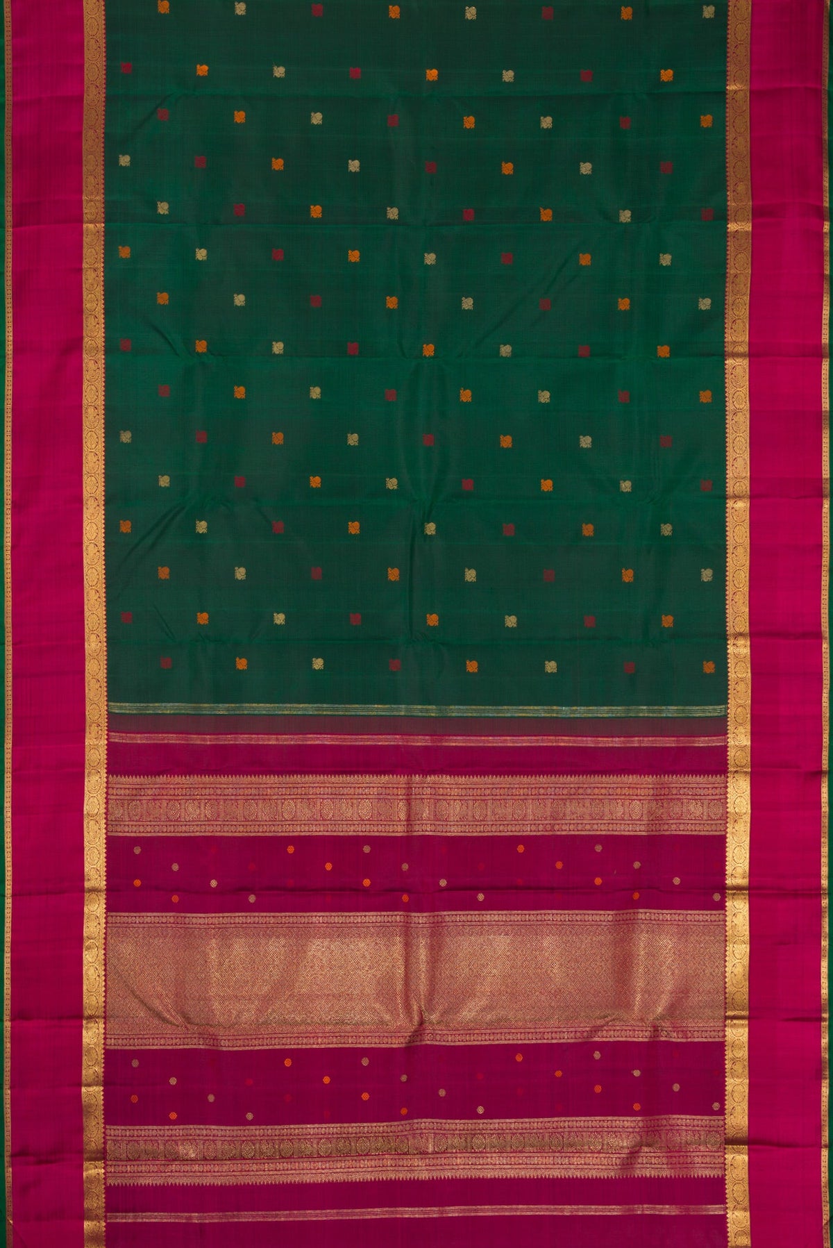 Flat view of Pure Silk Pure Zari Bottle Green Dual Tone Kanchipuram Saree with Zari And Thread Butta on the body and Zari Border. 