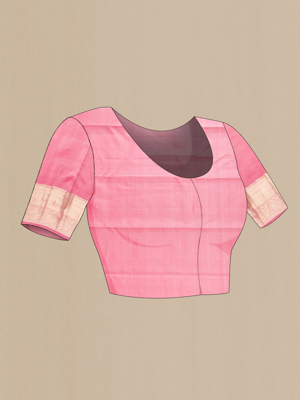 Close up image of the blouse of Rose pink Kanchipuram Silk Saree with Zari Brocade on the body and Zari Border. 