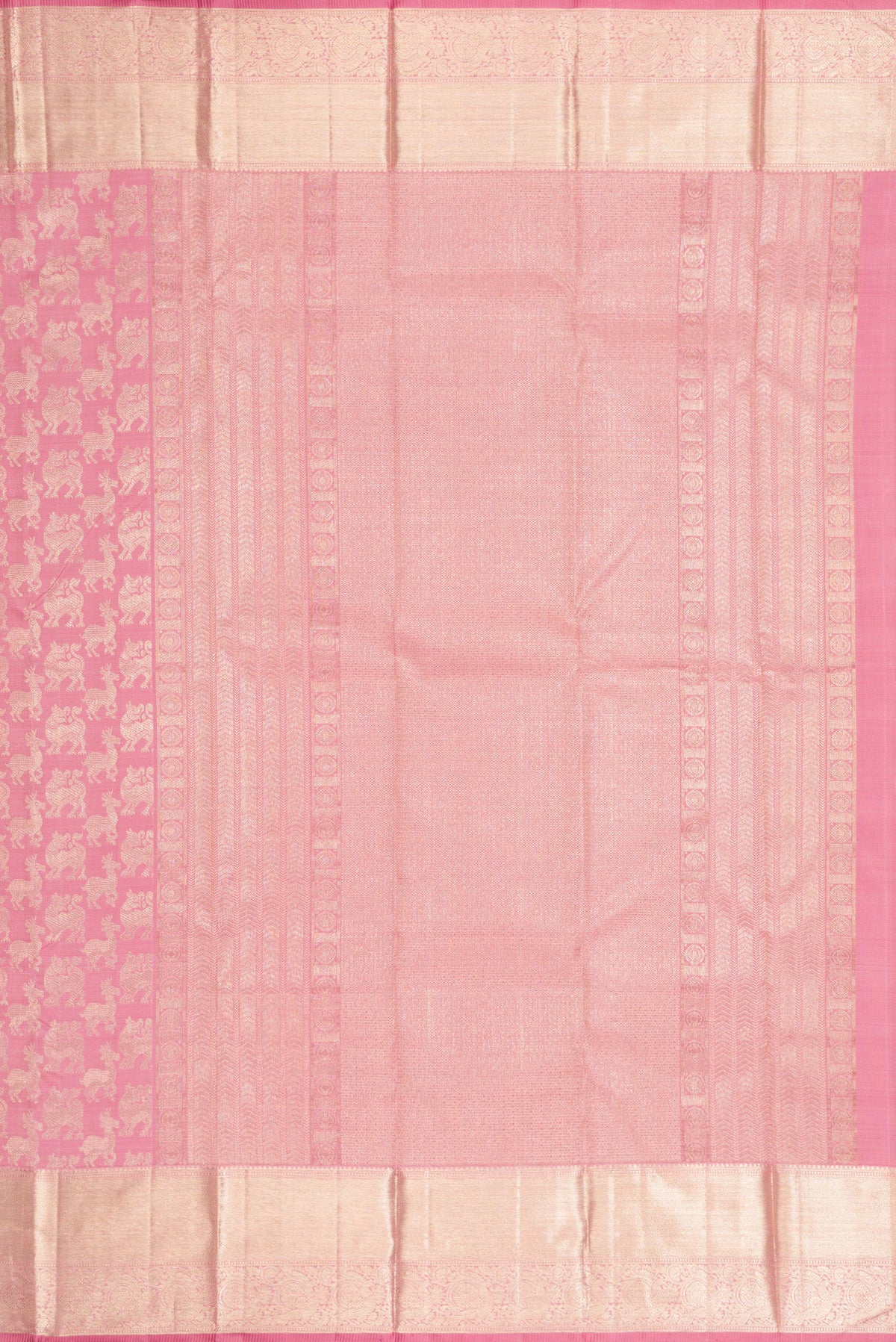 Close up image of the pallu of Rose pink Kanchipuram Silk Saree with Zari Brocade on the body and Zari Border. 