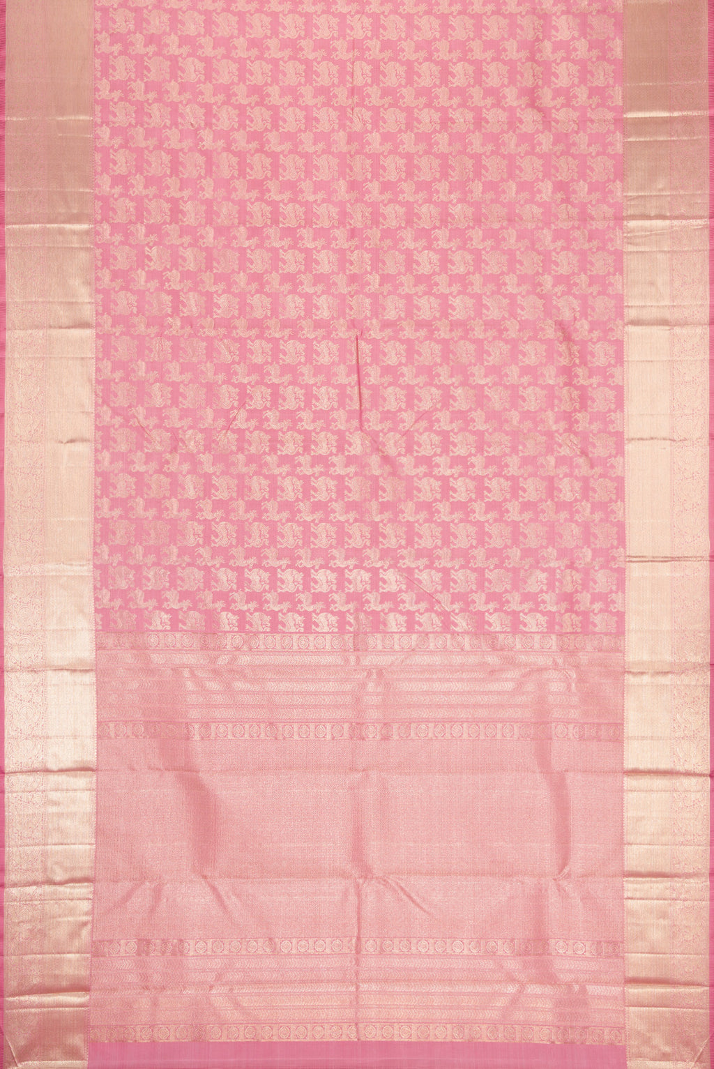 Flat view of Rose pink Kanchipuram Silk Saree with Zari Brocade on the body and Zari Border. 