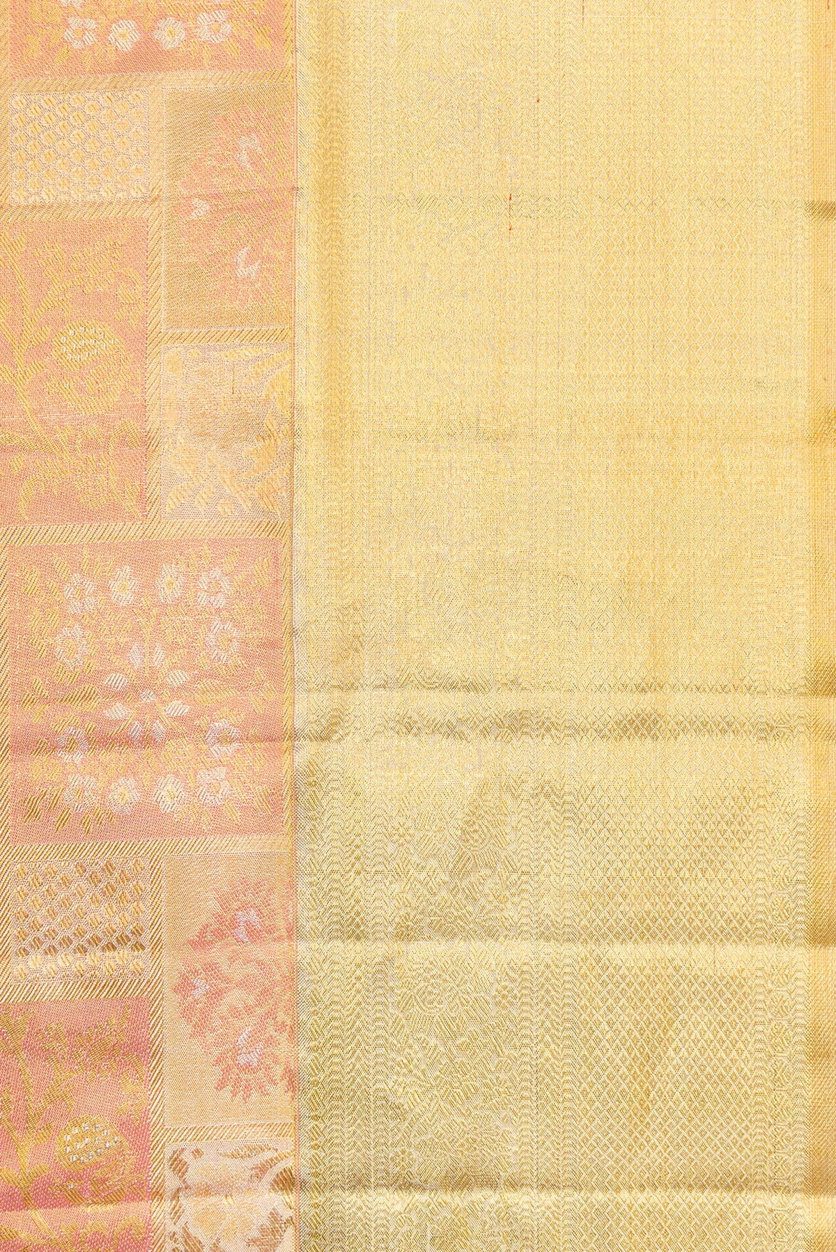 Border image of Rose Gold Dual Tone Kanjivaram Tissue Silk Saree with Zari Brocade on the body and Zari Border. 