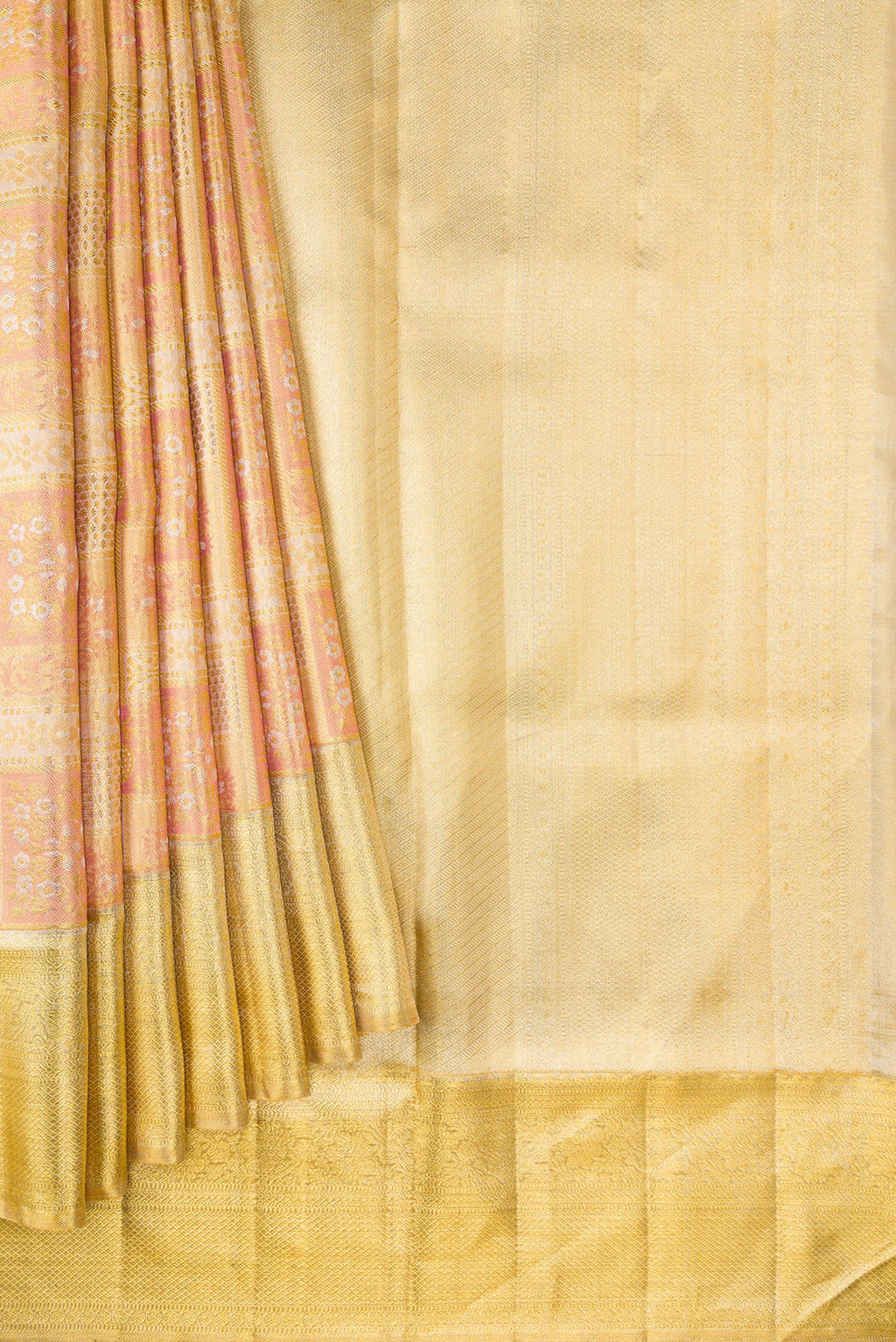 Pleats and pallu of Rose Gold Dual Tone Kanjivaram Tissue Silk Saree with Zari Brocade on the body and Zari Border. 