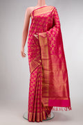 Pink Kanchipuram Silk Saree with Zari Brocade on the body and Zari Border.  displayed on a mannequin