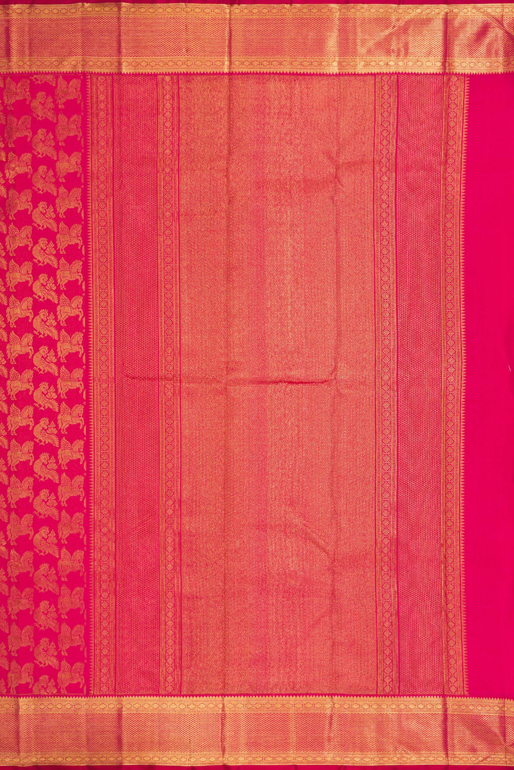 Close up image of the pallu of Pink Kanchipuram Silk Saree with Zari Brocade on the body and Zari Border. 