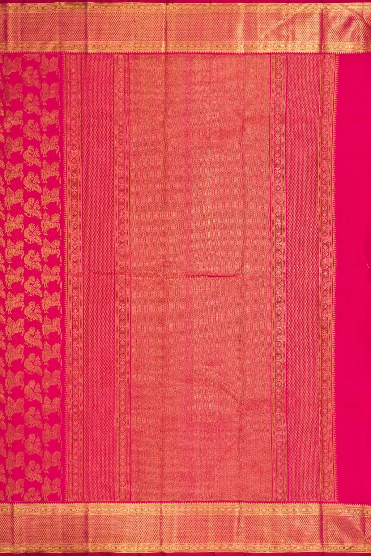 Close up image of the pallu of Pink Kanchipuram Silk Saree with Zari Brocade on the body and Zari Border. 