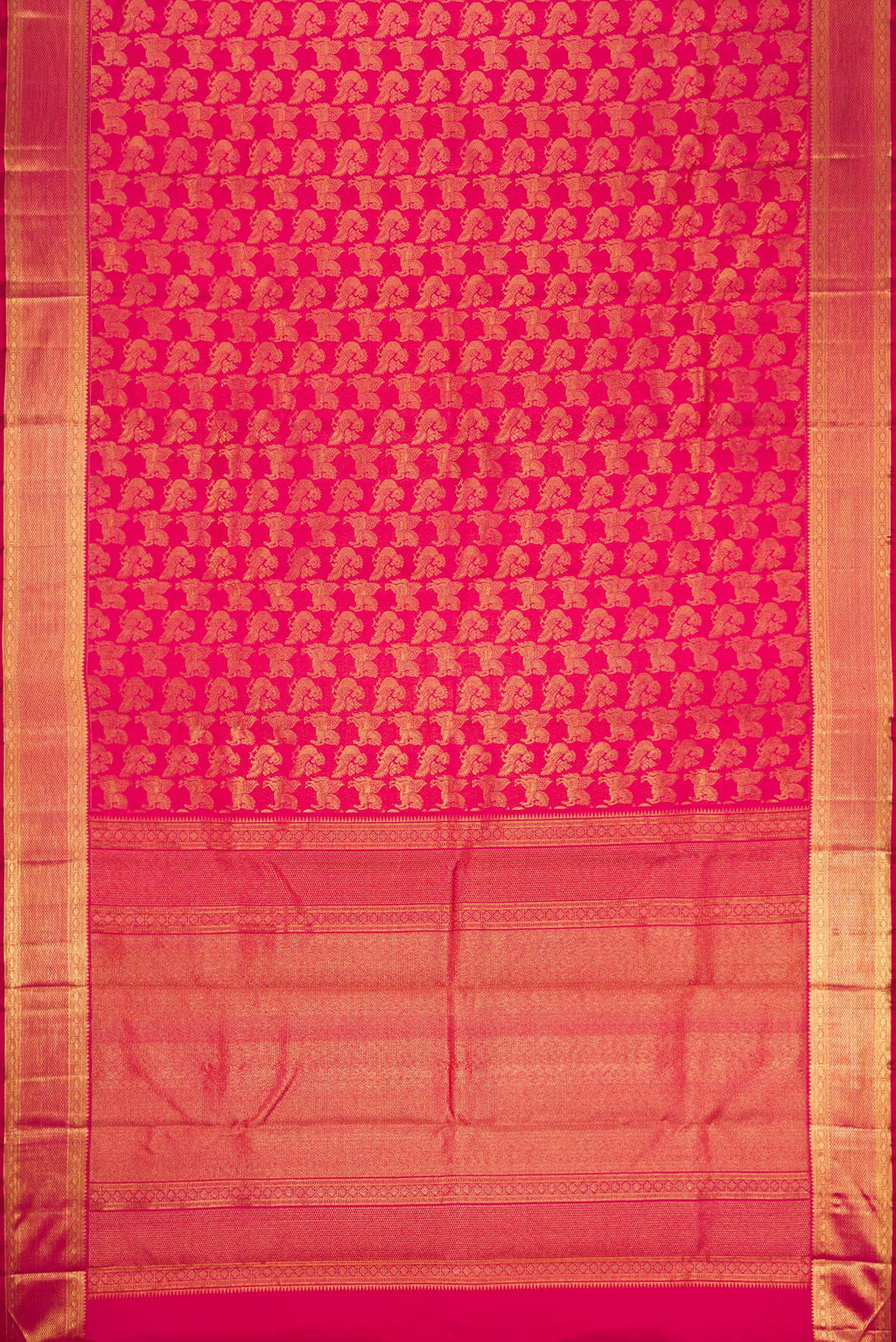 Flat view of Pink Kanchipuram Silk Saree with Zari Brocade on the body and Zari Border. 