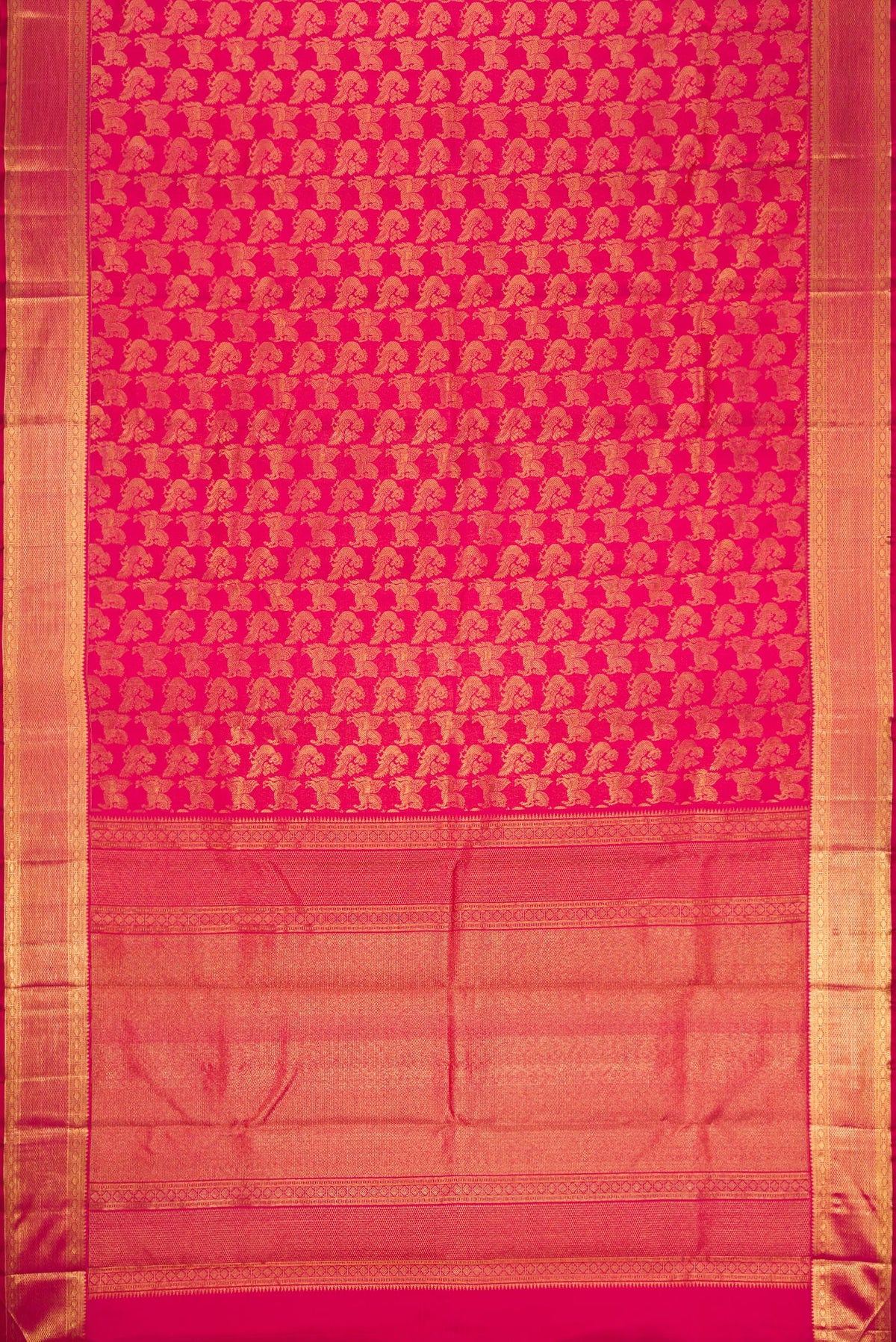 Flat view of Pink Kanchipuram Silk Saree with Zari Brocade on the body and Zari Border. 