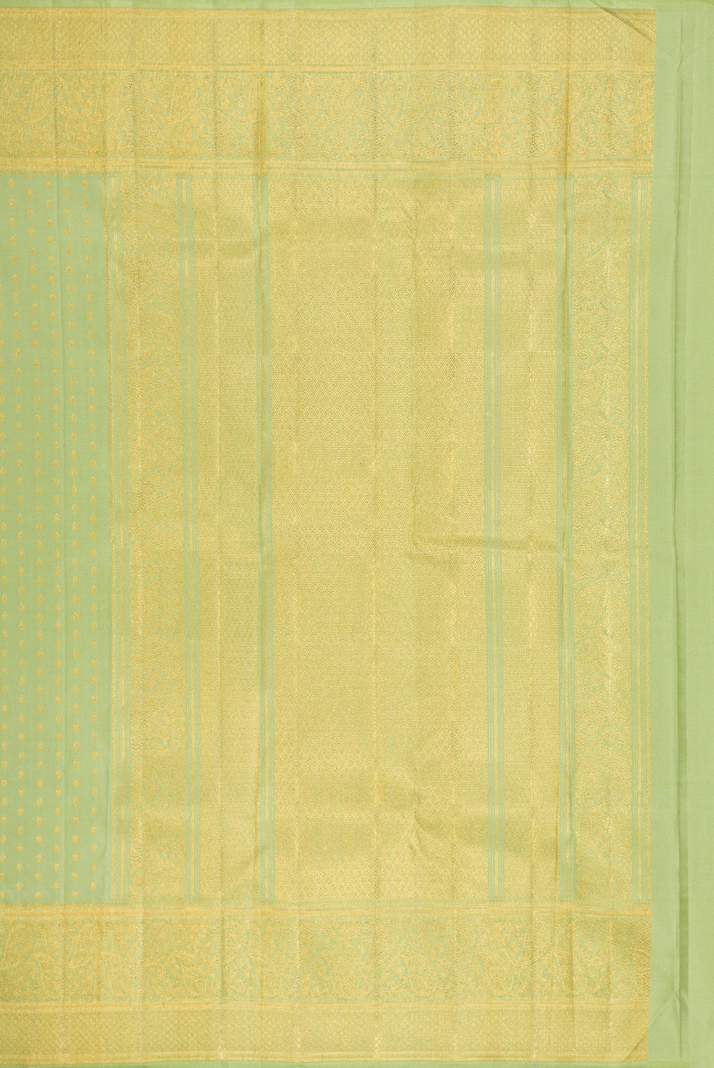 Close up image of the pallu of Pista Green Dual Tone Kanjivaram Silk Saree with Zari Butta on the body and Fancy Border. 