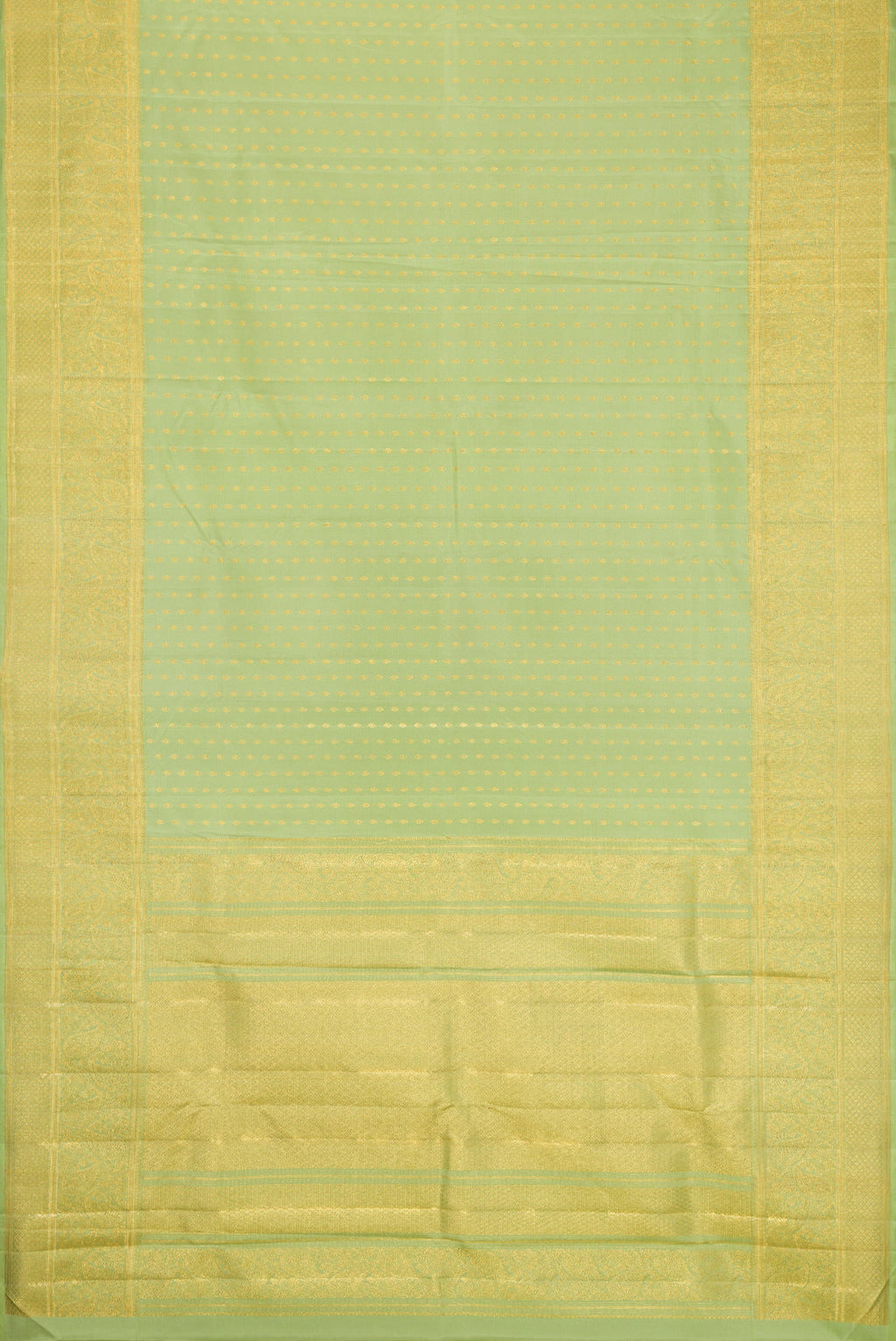 Flat view of Pista Green Dual Tone Kanjivaram Silk Saree with Zari Butta on the body and Fancy Border. 