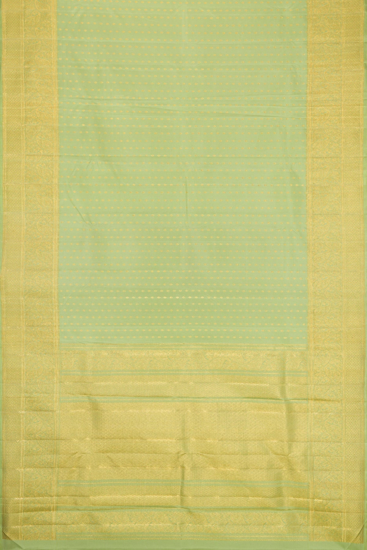 Flat view of Pista Green Dual Tone Kanjivaram Silk Saree with Zari Butta on the body and Fancy Border. 