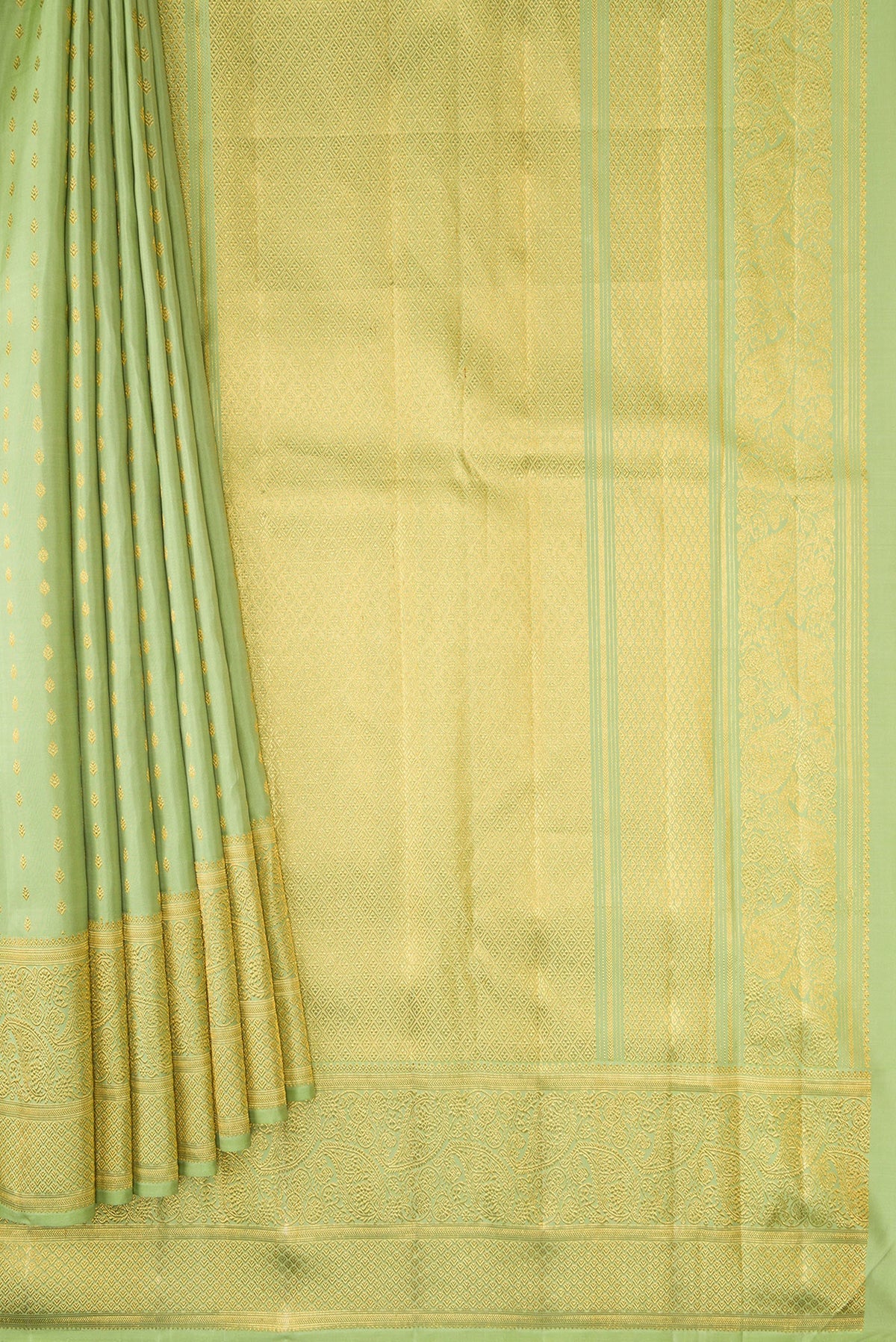 Pleats and pallu of Pista Green Dual Tone Kanjivaram Silk Saree with Zari Butta on the body and Fancy Border. 