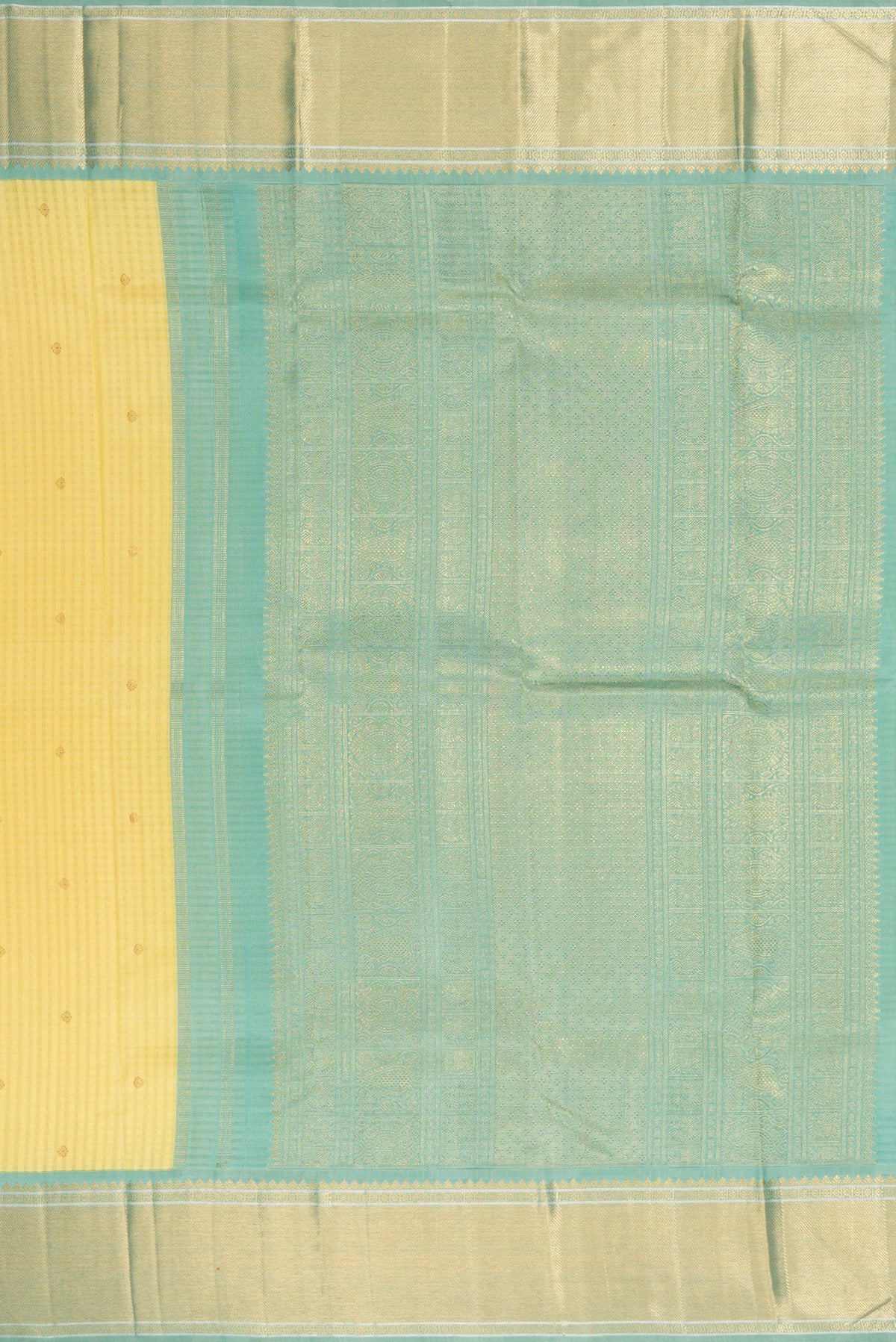 Close up image of the pallu of Pure Silk Pure Zari Sandal Dual Tone Kanjivaram Saree with Checked design on the body and Zari Border. 