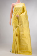 Lemon Yellow Dual Tone Kanjivaram Silk Saree with Zari Brocade on the body and Zari Border.  displayed on a mannequin